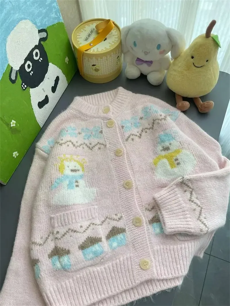 

Gagaok Cardigans Women New Japan Style Cartoon Snowman Jacquard Cute Sweater Autumn Winter Knitted Sweet Jacket Top Kawaii