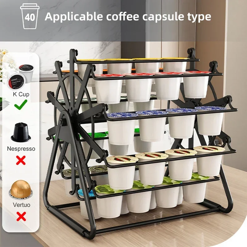 Ferris Wheel Storage 40 K-cup Holder New 40-Capsule Pod Organizer Home Coffee Pod Rack Rotatable Creative K Cup Storage Shelf