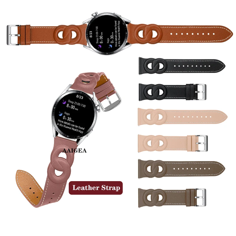 20 22mm Strap Elegant Double Circle Genuine Leather Band for Huawei Watch GT4 GT3 SE GT2 42mm 46mm GT 2 2e 3 Pro