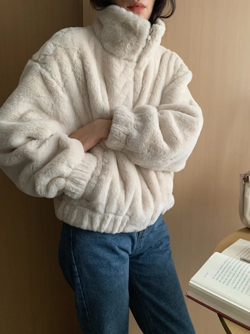

Women Thicken Warm Coat Stand-Collar Loose Fur Plush Zipper Jacket Autumn Winter Soft Comfortable Casual Solid Sudaderas Jackets