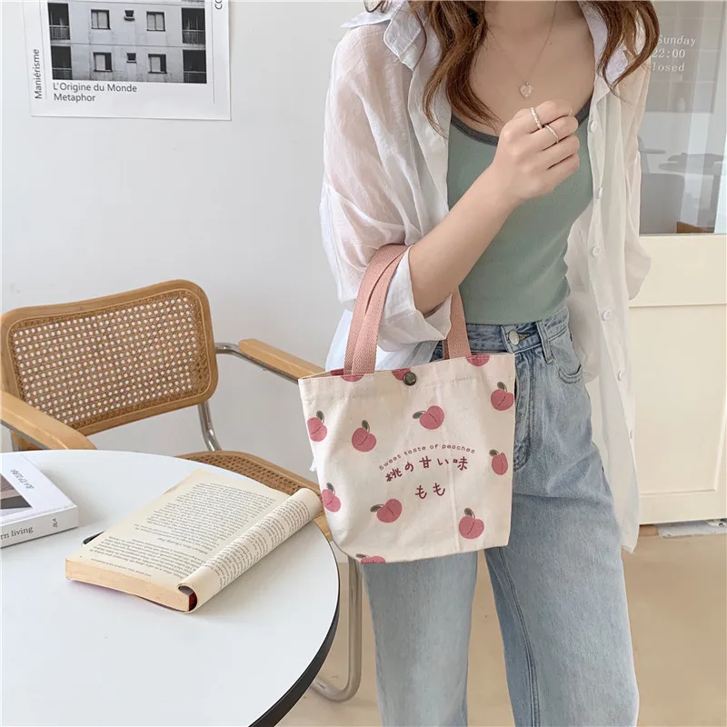 Small Canvas Women Tote Food Bag Japanese Peach Hand Lunch Bag Korean Mini Student Handbags Cotton Cloth Picnic Travel Bento