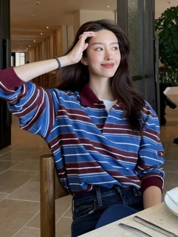 

Y2K Retro Striped Fashion Tops 2025 Women Contrast Color Long Sleeve Polo Collar Oversized T-Shirt Aesthetic Casual Pullover Top