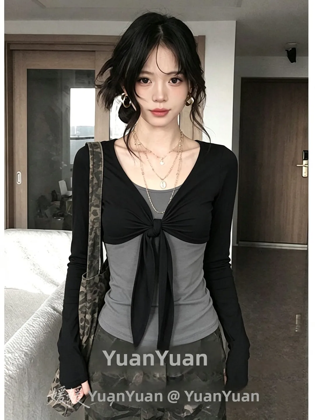 Gray Long Sleeve Slim Fit T-Shirt Women's Fashion Shoulder Design Casual Breathable Autumn New Style V-Neck Pullover Top