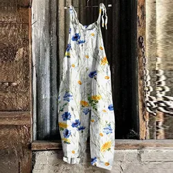 Summer Casual Floral Printed Bodysuit for Women Fashion Sleeveless Halter Wide Leg Pants Overalls Streetwear