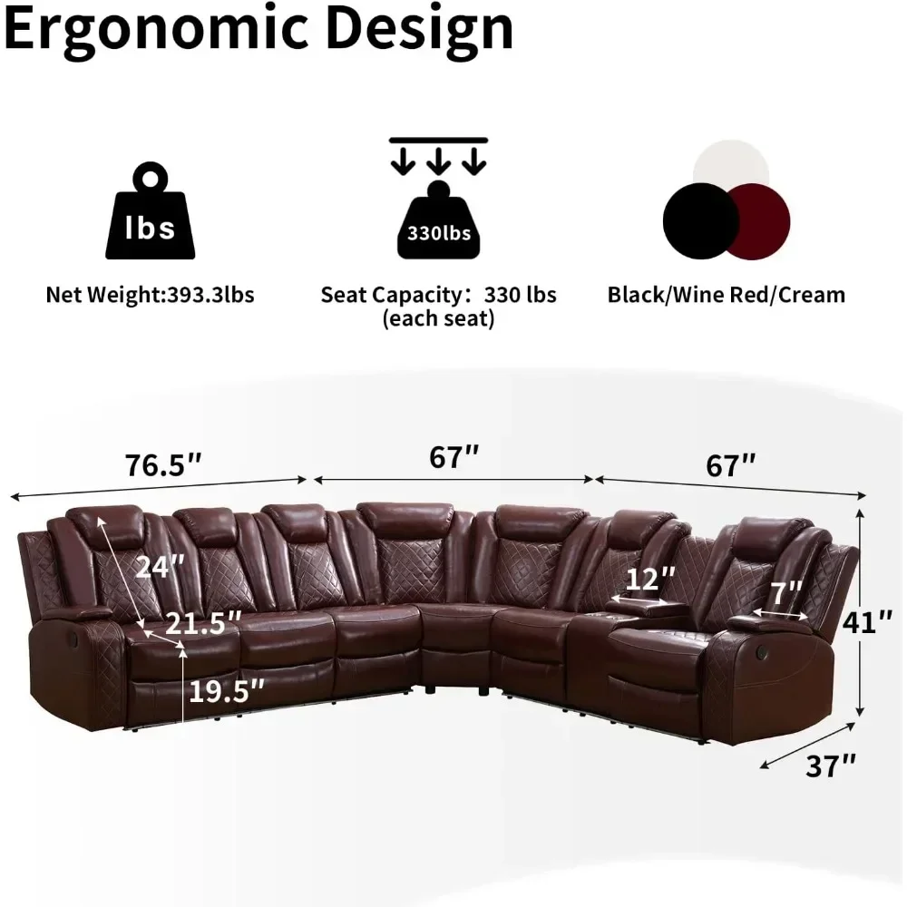 Fauteuil inclinable, canapés sectionnels électriques avec lumière LED, ensemble de canapés sectionnels d'angle inclinables en cuir avec 3 sièges inclinables