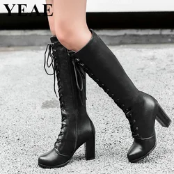 Winter Autumn Lace Up Knee High Boots Women Round Toe Chunky Knight Boots Ladies Cross-tied High Heels Motorcycle Boots 2024