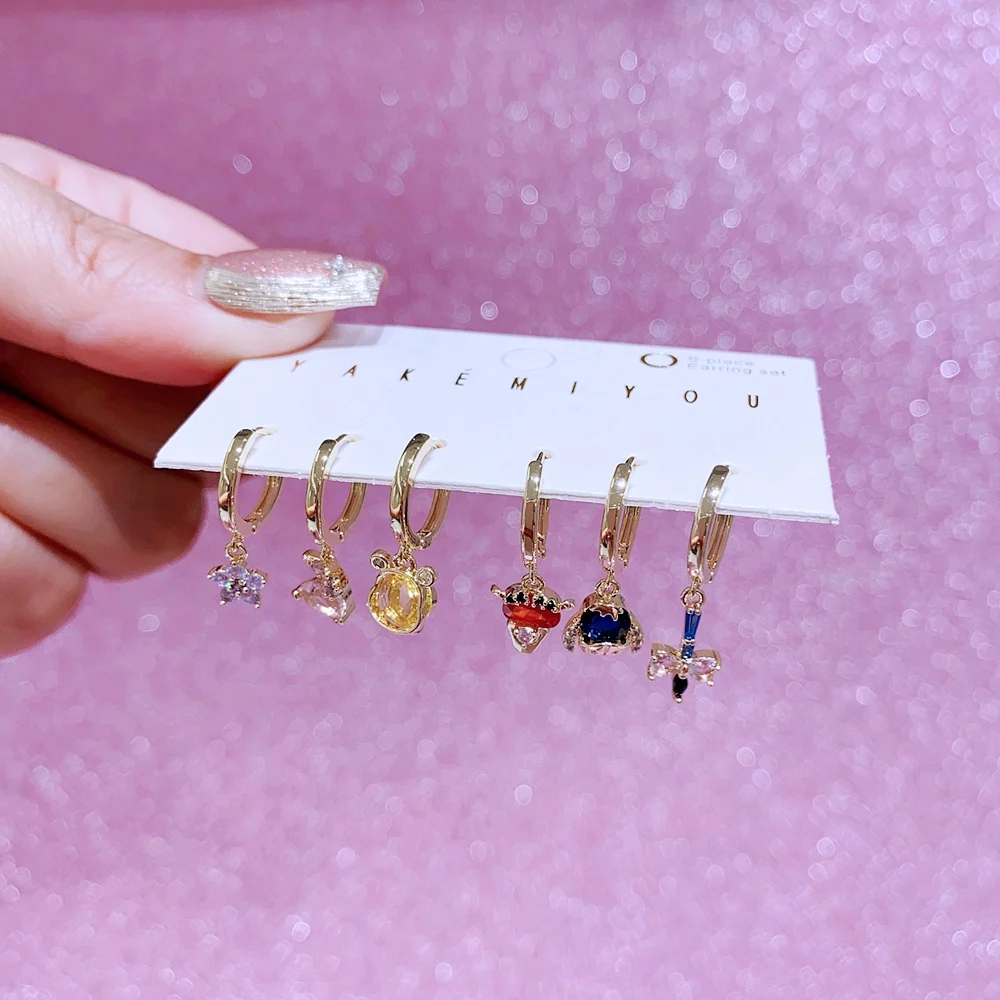 MIGGA 6pcs Mix and Match Crystal Cartoon Bear Dangle Earrings Set Gold Color Plated Women Girls Gift Jewelry