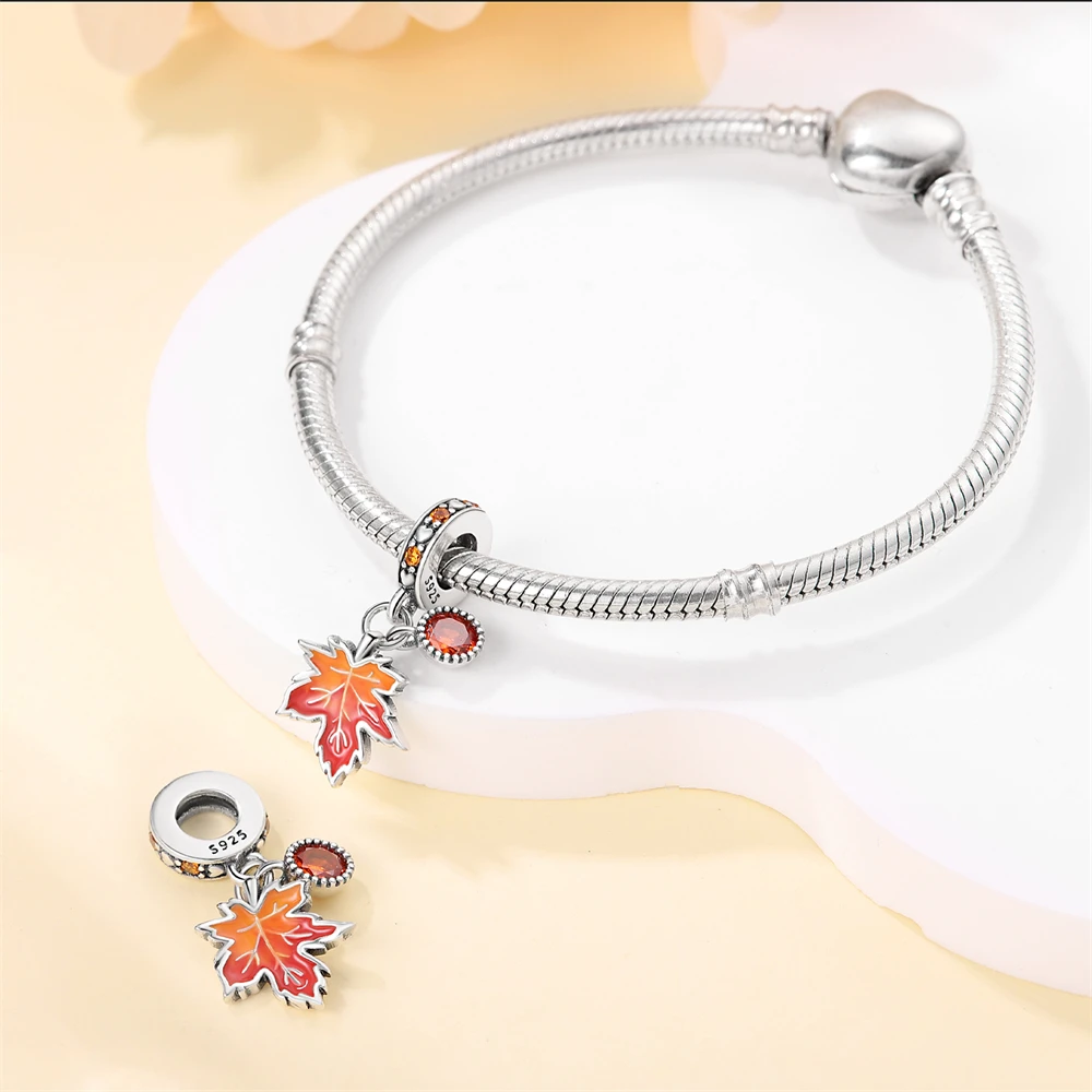 Autumn Style 925 Sterling Silver Maple Leaf Two Piece Set Pendant Fit Bracelet Necklaces Fashion Seasonal Mix Match Accessorie