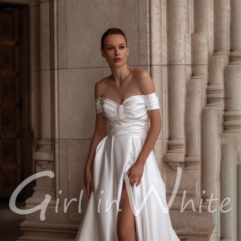 Elegant A Line Satin Wedding Dresses Sexy High Slit Bridal Gowns Off Shoulder customized Bride Dress Vestido De Novia Robe