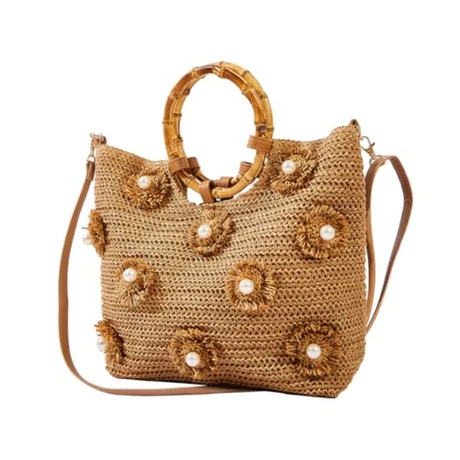 

Perls Rttn Tote Bg Summer Bech Drwstring Strw Bucet Bg Dimonds Woven Hndbg