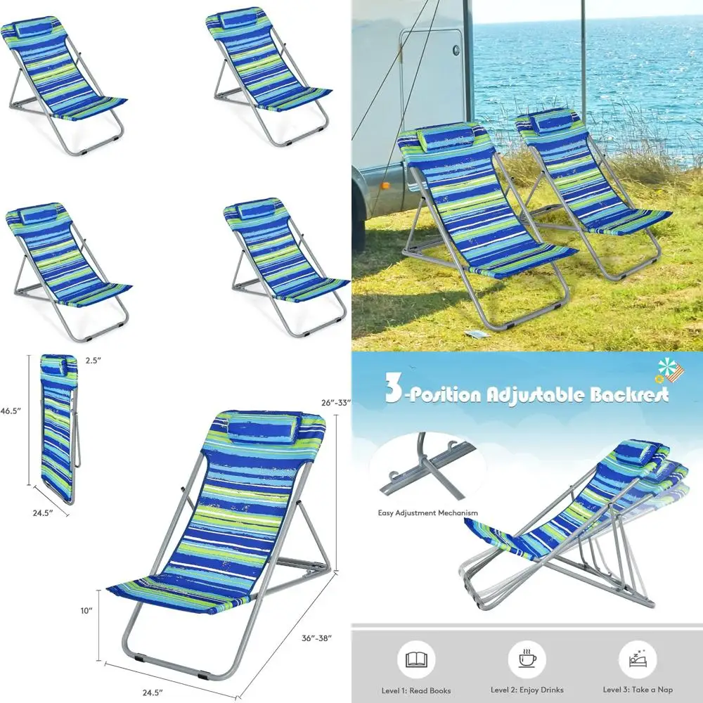 

Пляжные шезлонги с регулируемой спинкой для взрослых, набор из 2 предметов со съемной подушкой, портативное кресло с откидной спинкой для кемпинга и пляжа