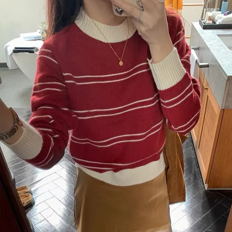 

Sueters De Mujer New Long Sleeve Striped Knitted Sweater Women Pullovers O-Neck Knit Sweater Pullover Women Tops Knitwears Q2011