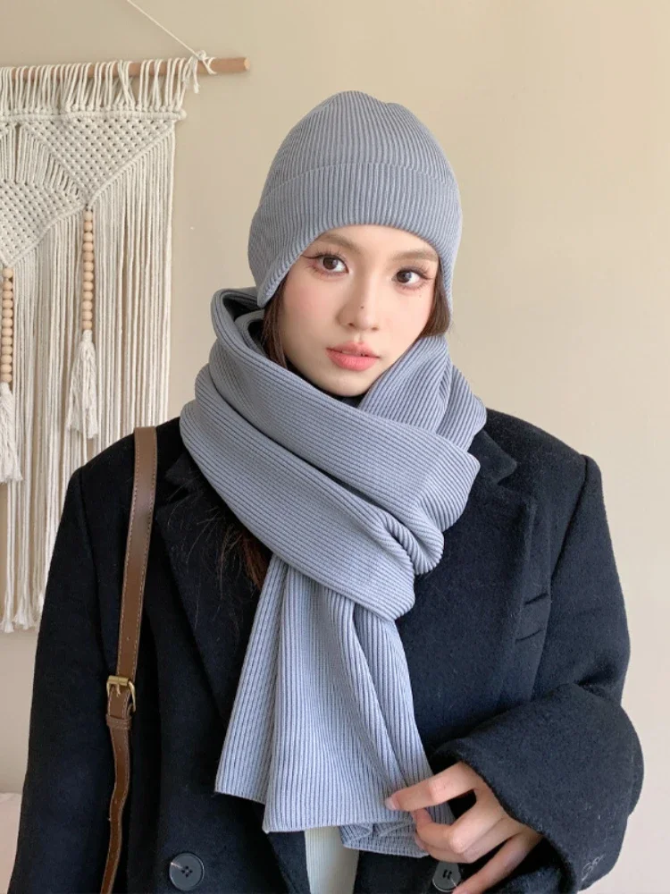 solid-fashion-versatile-hat-scarf-winter-knitted-warm-hat-and-scarf-set-casual-simple-cold-proof-set-of-women's-hat-and-scarf