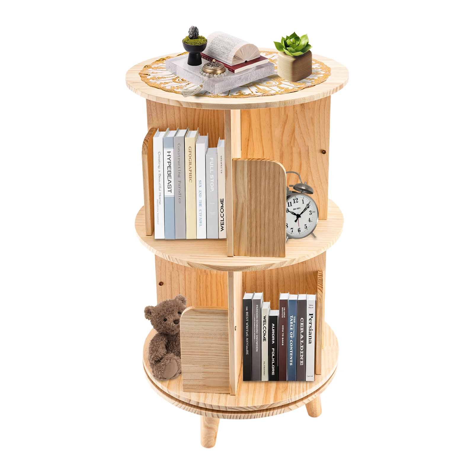  Floor Standing Rotating Bookshelf 2 Tier Cylindrical Pine Wood Multi-Functional Bookshelf Organizer Bookcase Storage Rack