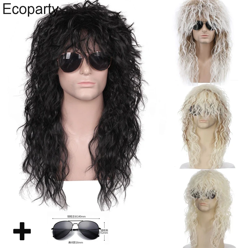 New 70s 80s Rock Punk Long Curly Wigs Men Women Black White Mullet Hair Halloween Carnival Party Synthetic Cosplay Wigs