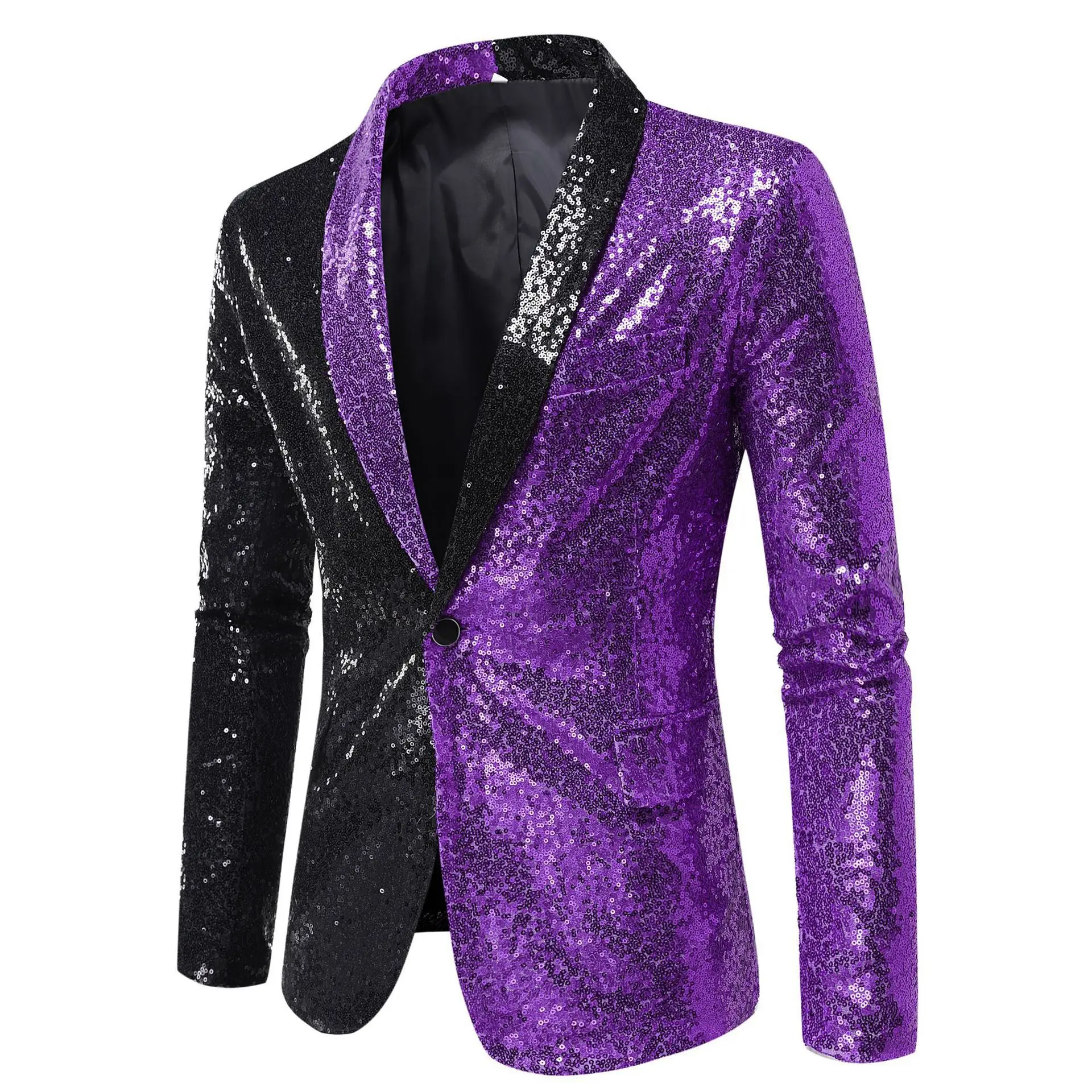 Bar Nightclub Male Singer Splice Color Blazer Coat  Gold Black Sequins Glitter Stage Tuxedo Banquet Party Host Chorus Costume image 2