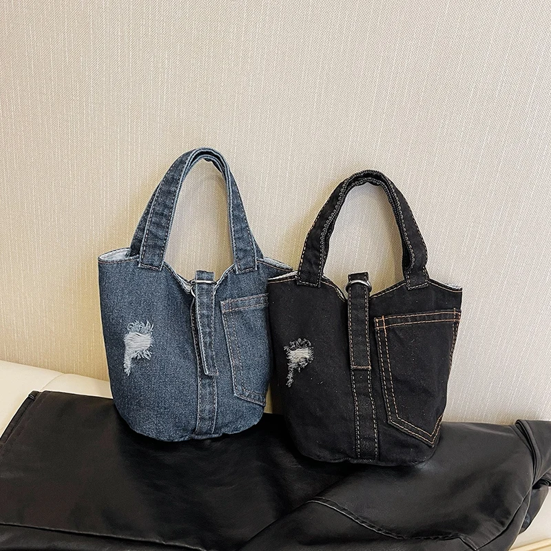 Denim Emmer Top-Handvat Tassen Interieur Compartiment Dames Tassen Te Koop 2024 Massief Schoudertassen Naaigaren Bolsas De Ombro