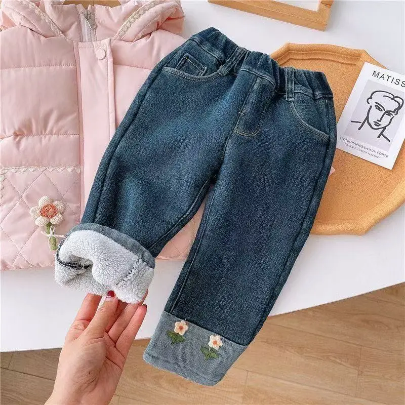 

Girls' Jeans 2025 New Autumn/Winter Children's Fashionable Plush Thickened Pants Thickened Western Straight Leg Pants 90-140CM