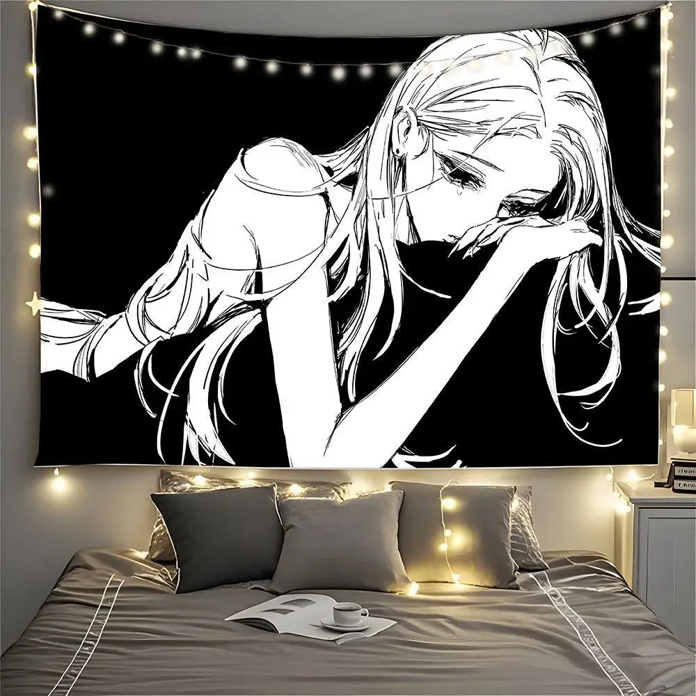 Black White Sketch Anime Girl Tapestry, Dark Grunge Aesthetic Line Art Wall Hanging, Minimalist Manga Lady Print Wall Banner for