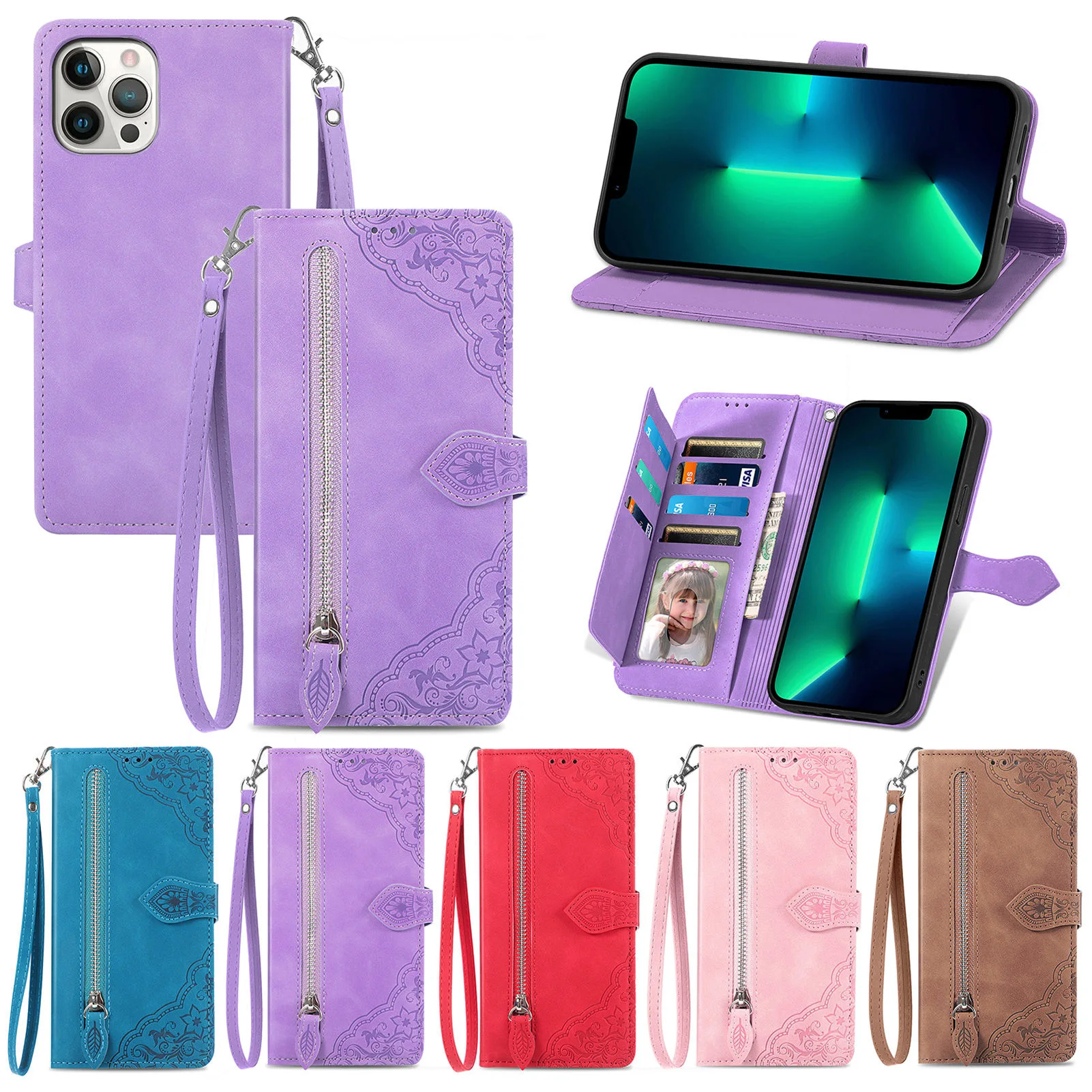 

Кожаный чехол-подставка для ручной веревки для iPhone 17 Pro Max 14 11 12 13 15 16 Pro Max 16 Plus с отделениями для карт на молнии и откидной крышкой