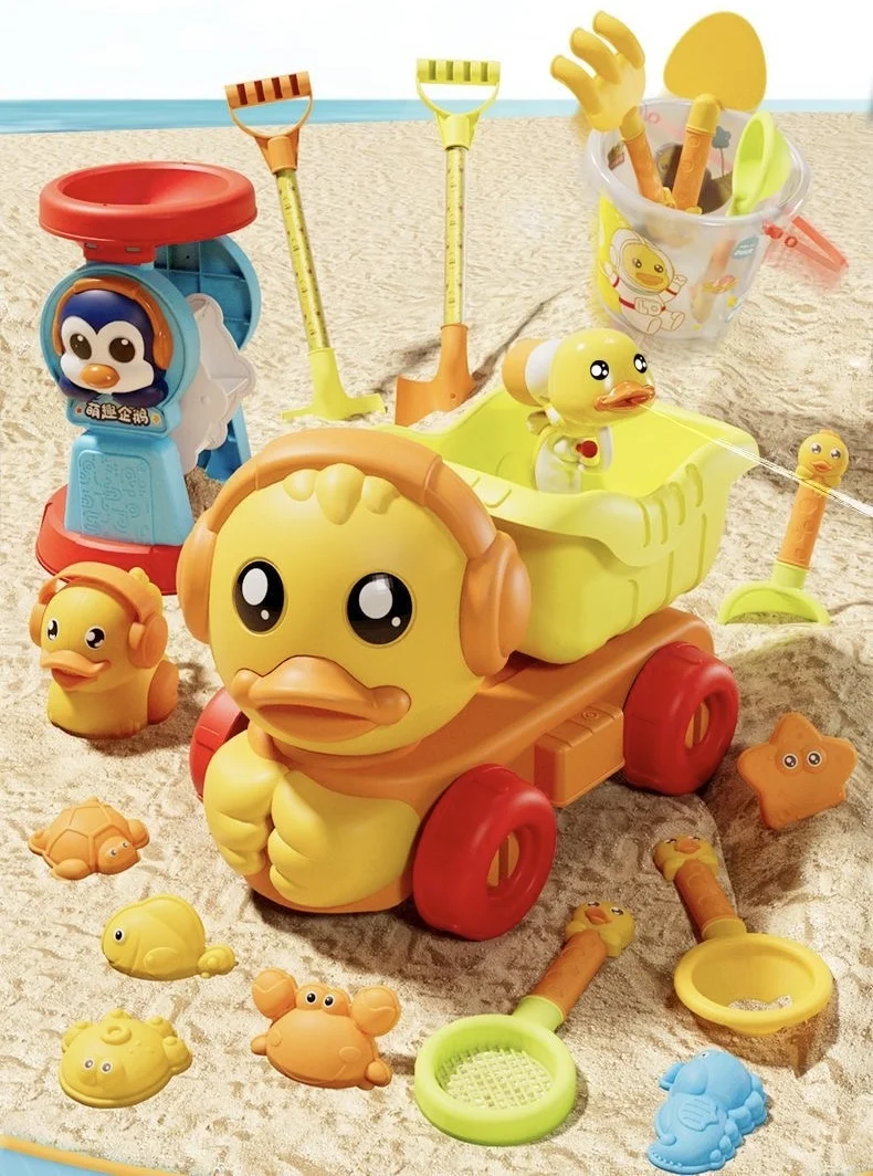 Set di giocattoli da spiaggia durevoli per bambini con stampi per pala, secchio, camion d'anatra e castello di sabbia - Strumenti da gioco per setaccio per sabbia all'aperto per i più piccoli