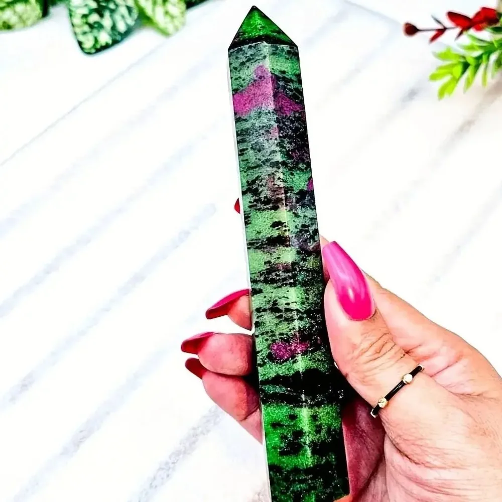 Natural Ruby Zoisite Tower Wand, Raw Crystal Point for Reiki Healing, Meditation & Energy Cleansing, Witchcraft Altar