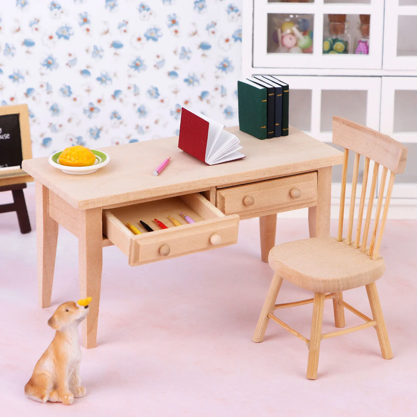 Wooden Dollhouse Furniture Mini Dollhouse Furniture Desk Chair Set Miniature