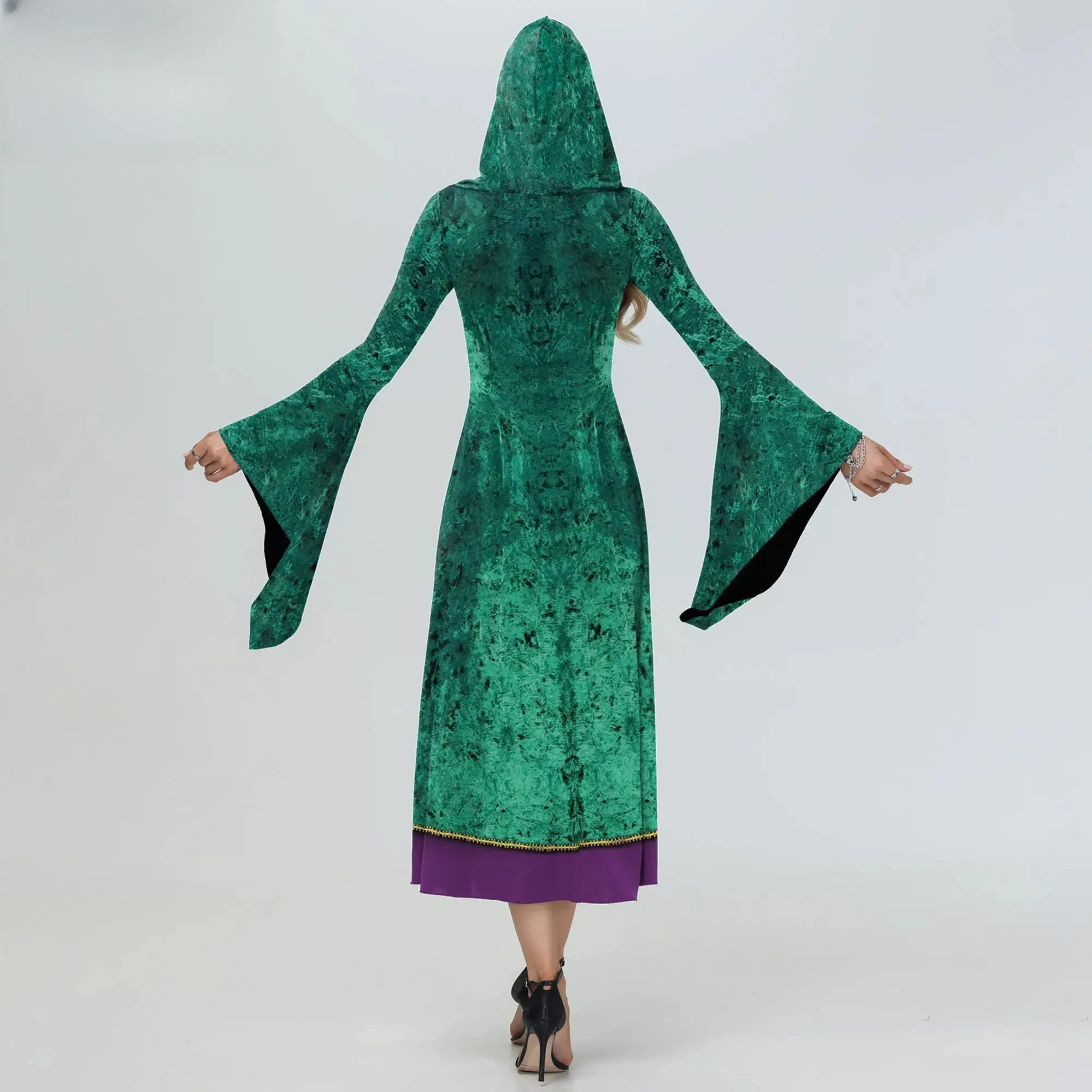 Vestido de Halloween Hocus Pocus Winifred Sanderson para mujer, disfraz de Halloween con patrón verde, vestidos medievales con capucha, ropa de fiesta