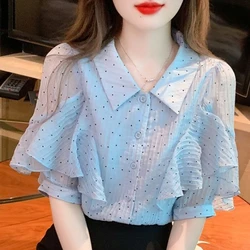 2024 New Summer Korean Fashion Chiffon Loose Half Sleeved Polo Collar Button Print Polka Dot Flared Sleeve Women's Shirt Top