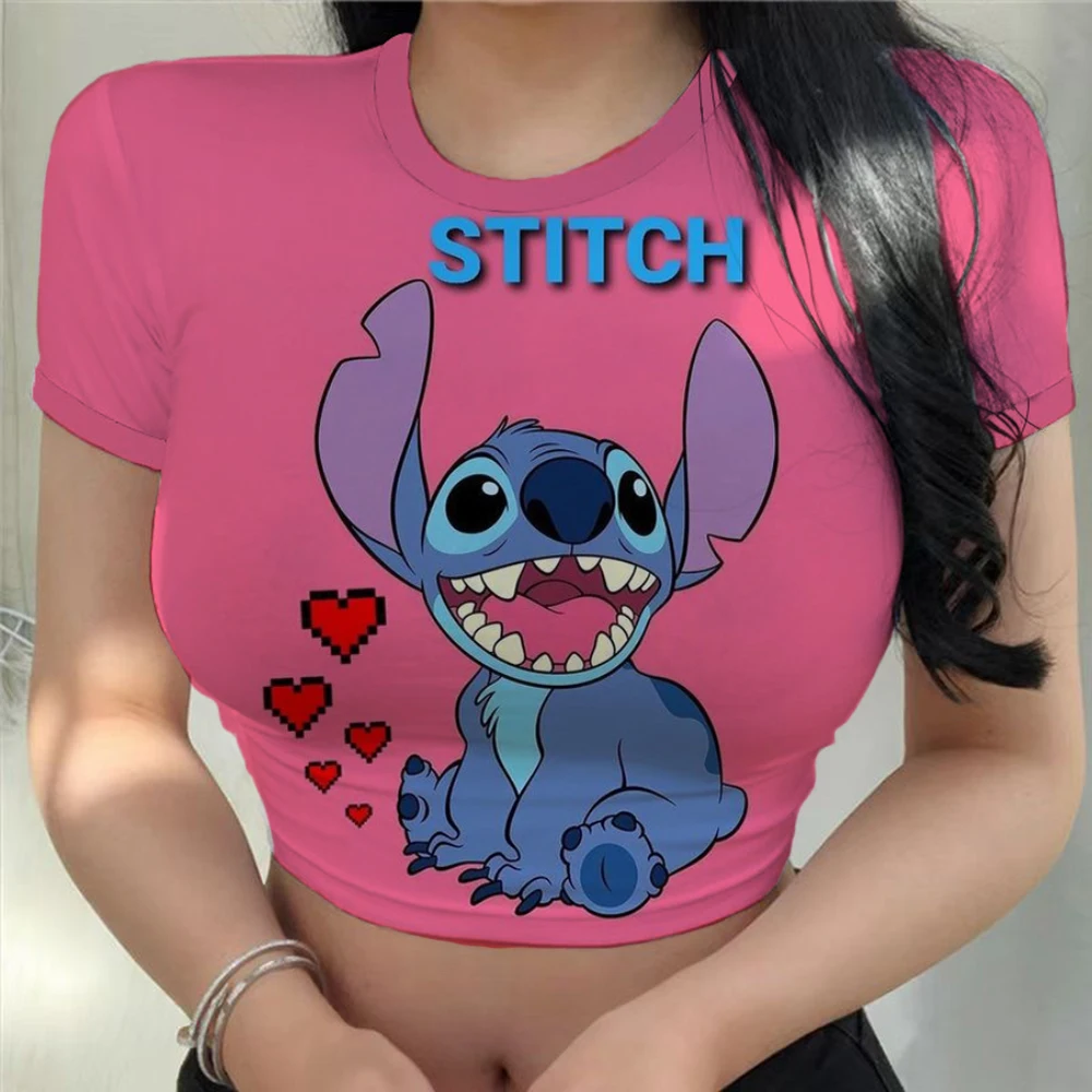 Nowe letnie krótkie bluzki kobieta seksowna obcisła koszulka z nadrukiem Disney Stitch damska odzież Kpop Harajuku