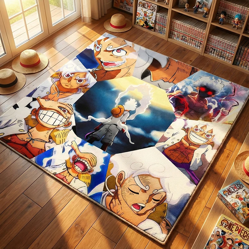 Alfombra de peluche One Piece Luffy Gear 5 Sun God Nika – Alfombra de suelo con collage de anime vibrante Decoración para dormitorio/sala de juegos Otaku Regalo para fanáticos de Manga