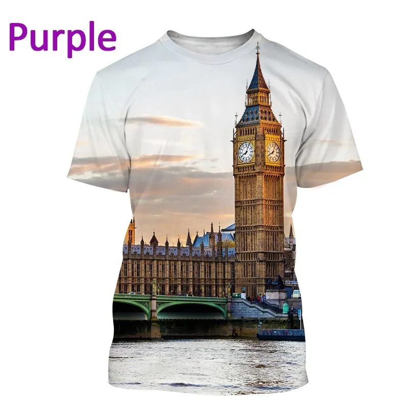 2024 New British London Big Ben Printed Short-sleeved T Shirt Men and Women Casual Clock Tower Building Streetwear Top