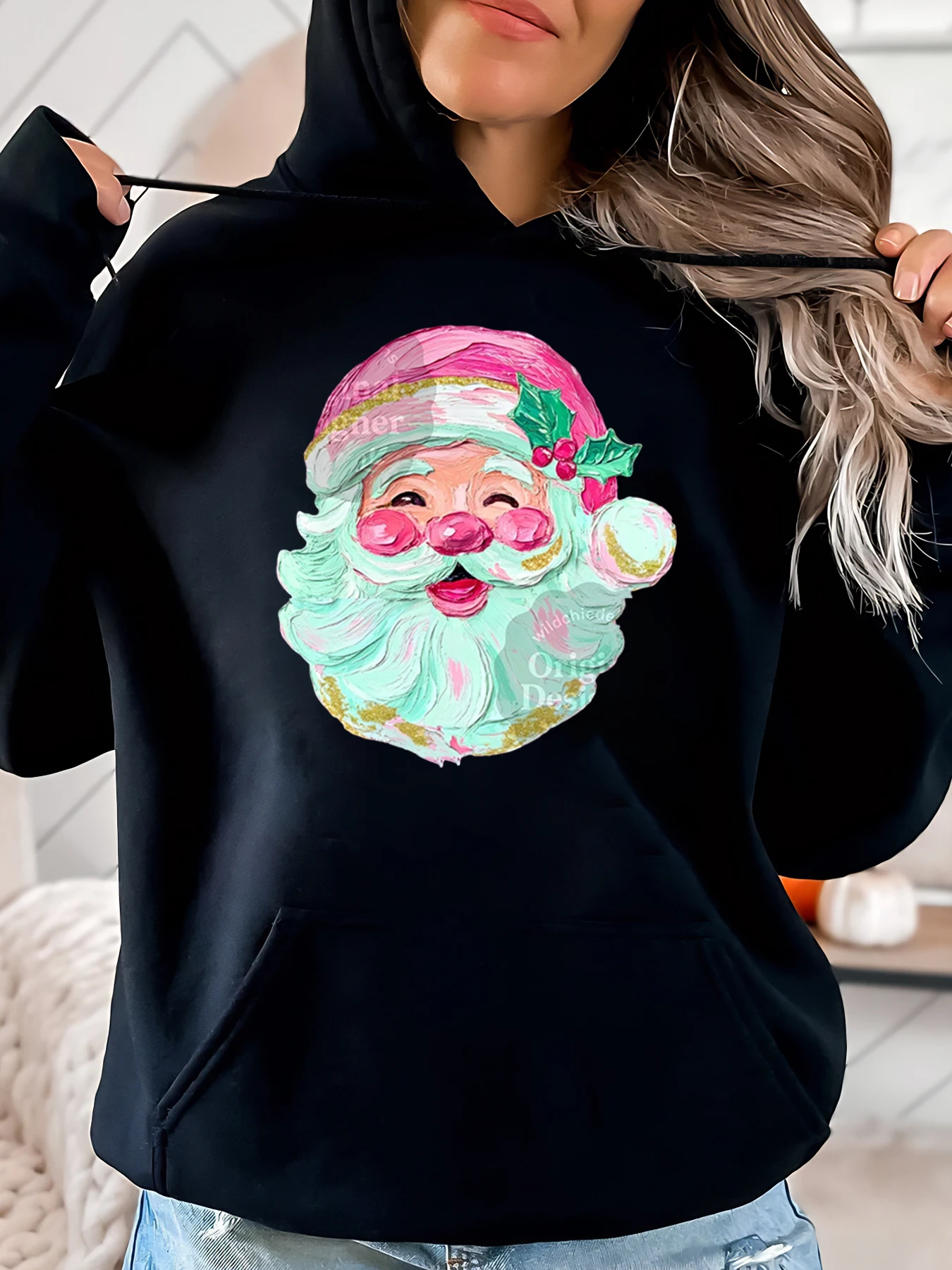 Sudadera con capucha navideña con estampado de Papá Noel rosa para mujer, ropa informal de invierno, color negro, talla grande