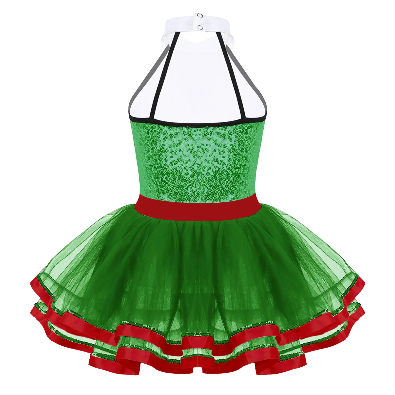 Kids Girls Xmas Carnival Festival Princess Dress Santa Costume Ballet Dance Gymnastics Leotard Mesh Tutu Dress Modern Dancewear