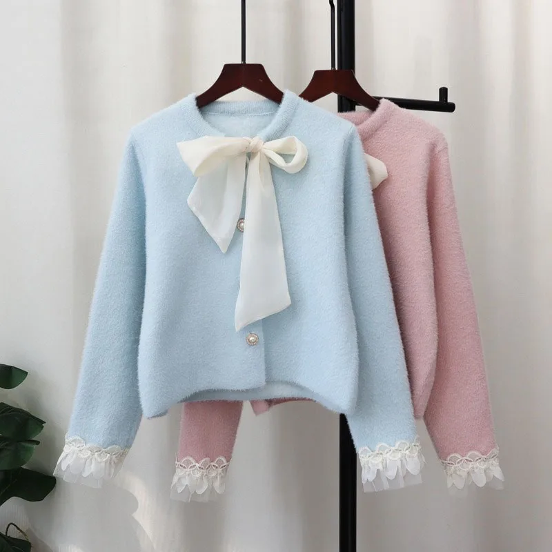 

2025 Ropa Mujer Women Sweet Cardigan Korean O Neck Bandage Bow Long Sleeve Sueter Mujer Y2k Lace Patchwork Chic Knitted Sweater