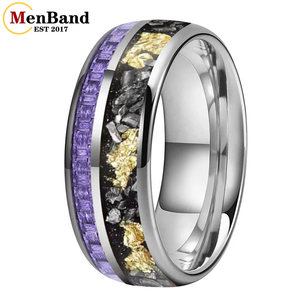 MenBand 8MM Men and Women Marriage Tungsten Ring Inlaid Purple Carbon Fiber And Meteorite Gold Foil Comfortable Fit