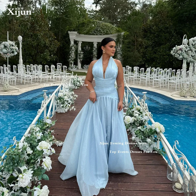 

Xijun Sky Blue Sexy Halter Evening Dresses Sleeveless Halter Prom Dresses Saudi Arabic Pleat Formal Prom Gowns Customized