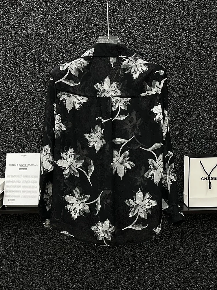 Summer 2024 Mesh Printed Shirts Breathable Sun Protection Shirt See-through Men's Floral Loose Long Sleeve Padded Shoulder Shirt