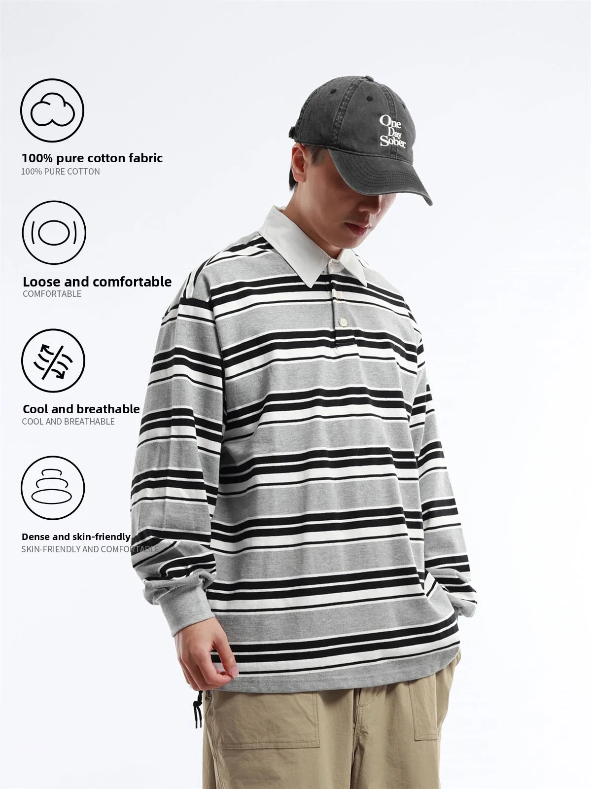 Retro Japanese Style 300g Heavyweight Pure Cotton Men's Loose Fit Cityboy Striped  Shirt Hoodie Fashionable Summer Wear