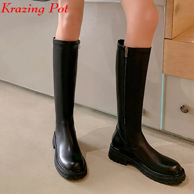 

Krazing Pot Cow Split Leather Round Toe Med Heels Stretch Long Boots Korean Girl Winter Shoes Platform Zipper Thigh High Boots