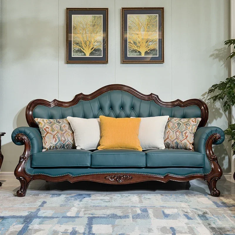 

Американский диван из цельного дерева с обивкой из натуральной кожи первого слоя, роскошный, в ретро-стиле, с резьбой по ореховому дереву и кожаными элементами, комбинация 123.