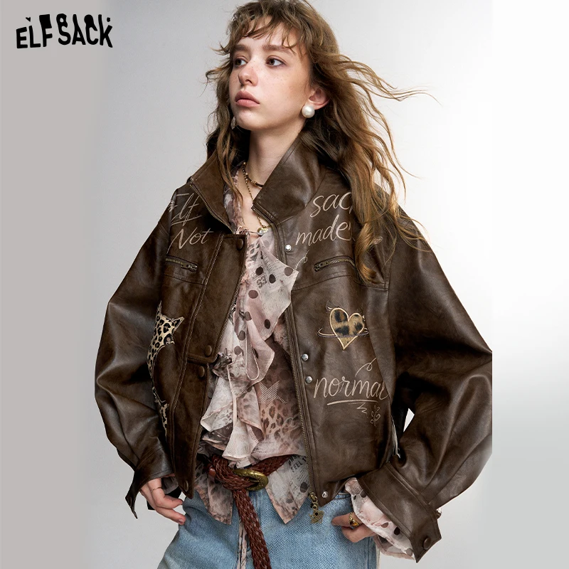 ELFSACK Women's Stand Collar Crop Jacket with Leopard Cat & Letter Graphic Print, Casual Outerwear for Everyday Wear