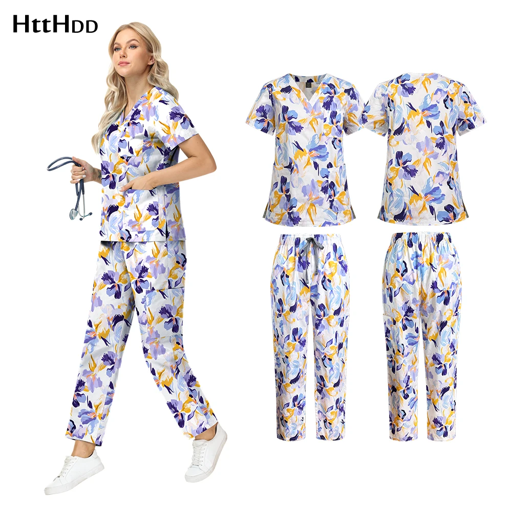 Ensemble haut et pantalon à manches courtes et col en v, imprimé floral, vêtements de travail pour clinique et pharmacien, ensemble uniforme de nettoyage respirant en pur coton