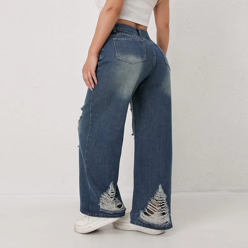 Benuynffy جينز أزرق ممزق عتيق للنساء عالي الخصر مستقيم فضفاض من قماش الدنيم ملابس الشارع الشهير بنطال ذو قصة أرجل واسعة