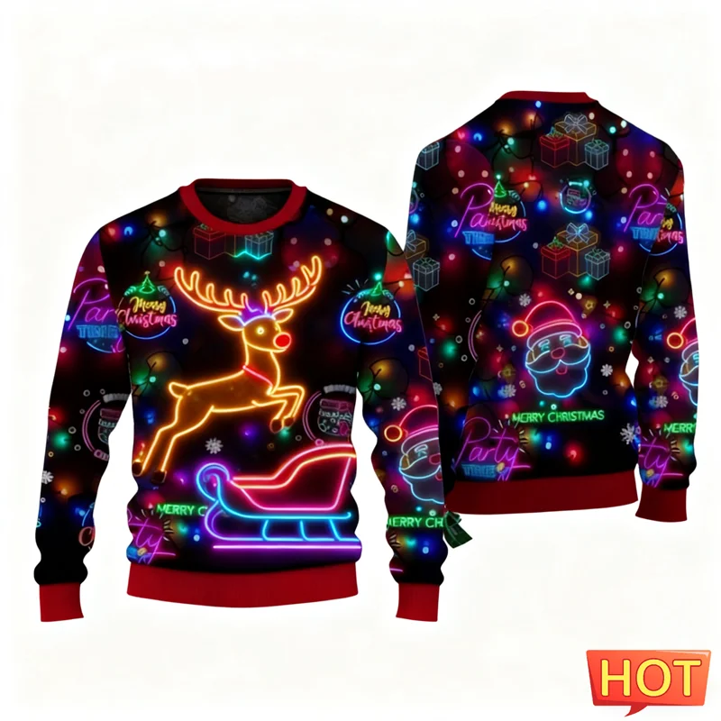 

2026 New Neon Graphic Ugly Christmas Hoodies Fashion Holiday Wear 3D Printed Crew Neck Sweatshirts Loose Breathable Pullovers