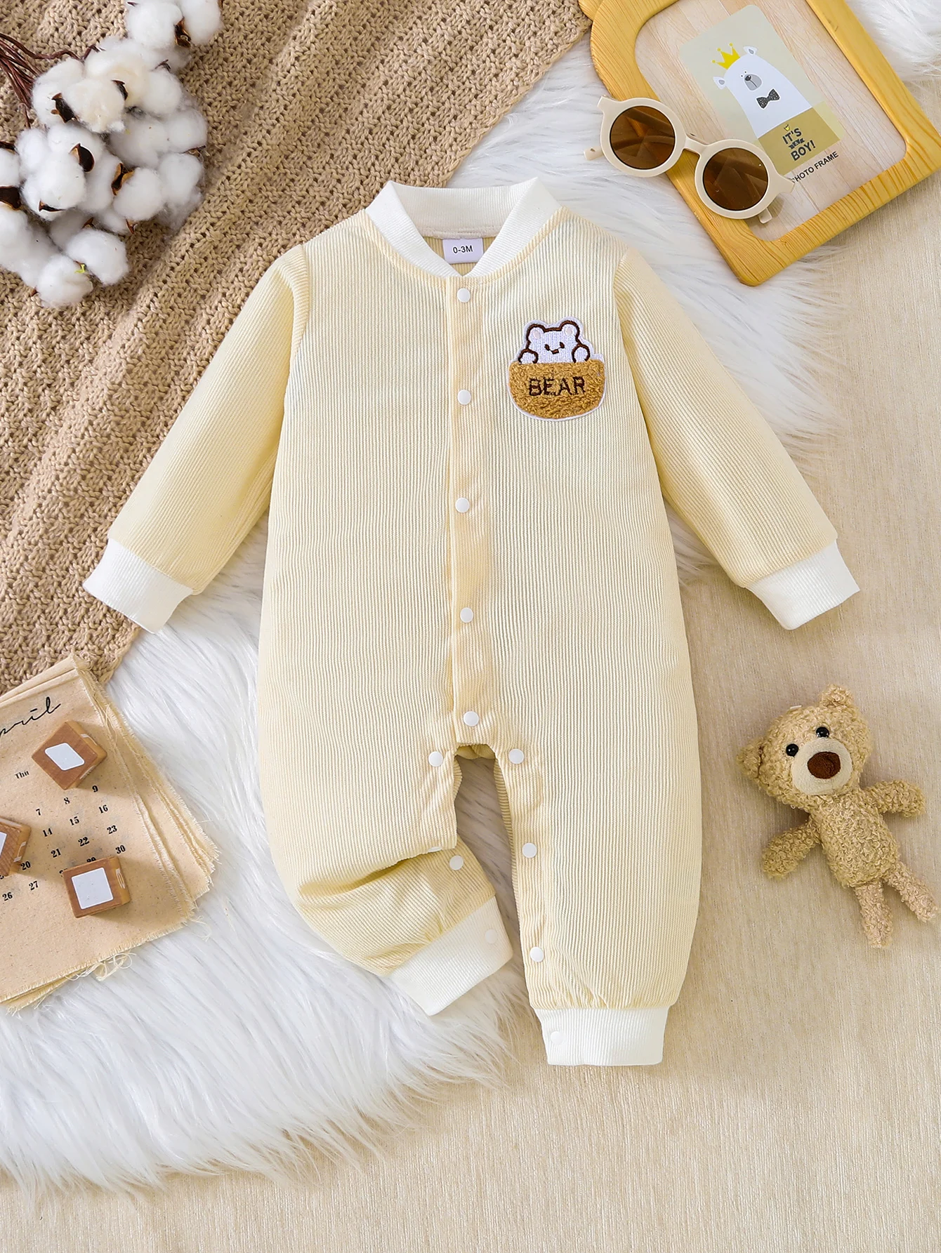 1M-18M Unisex Baby Romper Vertical Rib Long Sleeve Jumpsuit Cute Bear Pocket Patch Front Snap Infant Daily Onesie