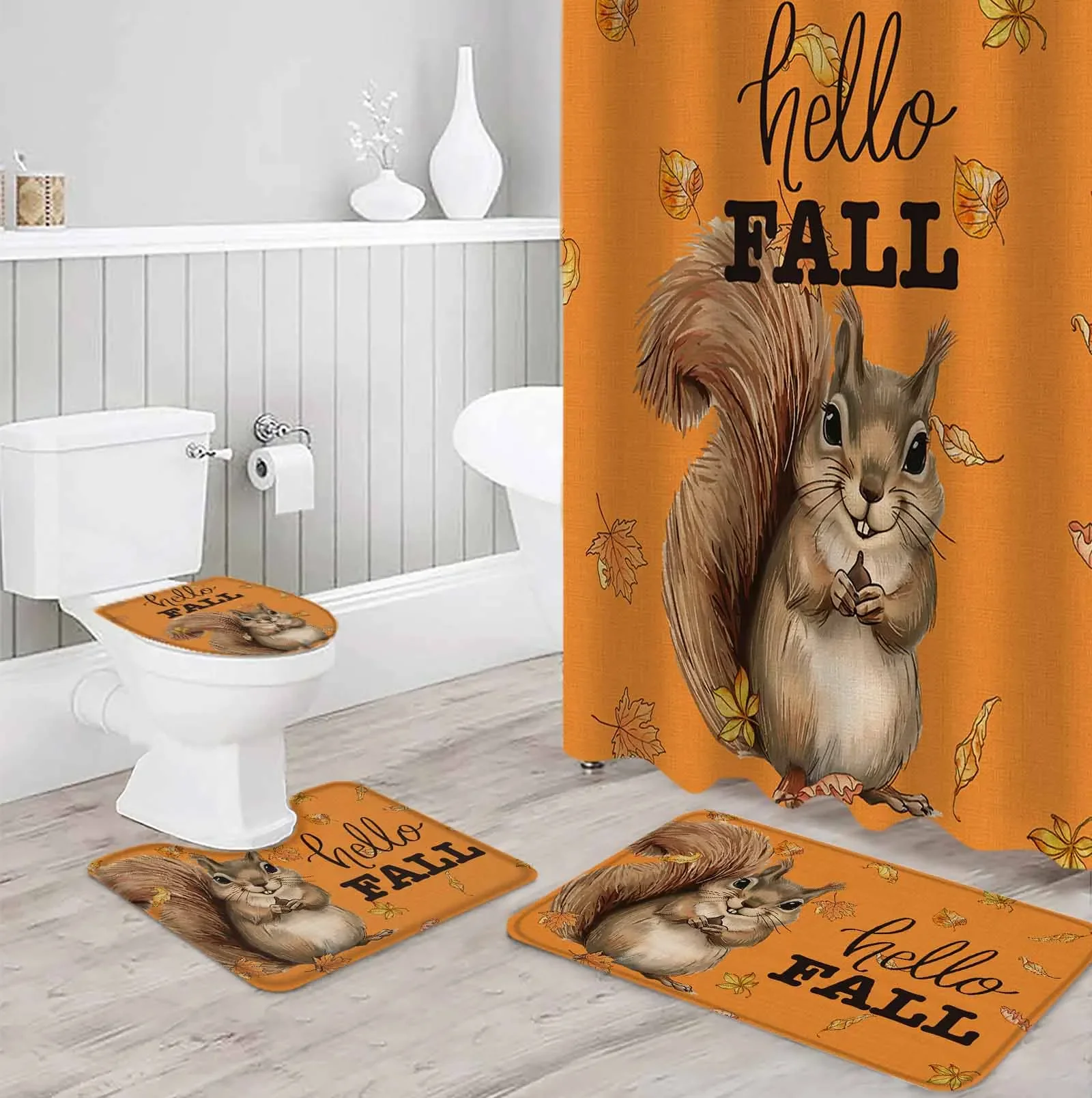 Squirrel, Watercolor,Polyester printed shower curtain bathroom setluxurious curtainsabstract4-piece setcoral fleece floor mat