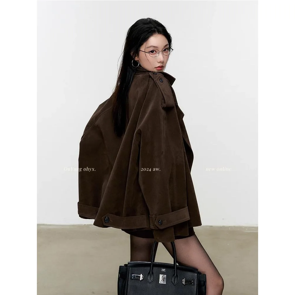 

Brown Design Stand Collar Suede Compact Women's Jacket Autumn New Style Korean Retro Loose Casual Coat