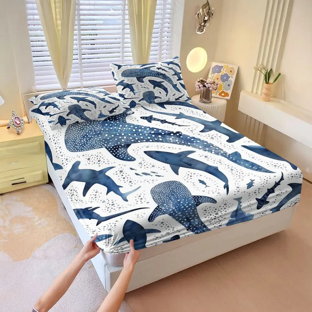 

Shark Ocean Watercolor Print Fitted Sheet Set Bed Sheet Set 3D Digital Printing Marine Life Bedding Set for Dorm Home Decor