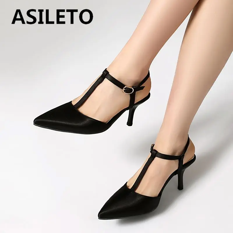 

ASILETO Бренд 2025 Женские сандалии с острым носком на тонком каблуке 7,3 см с пряжкой и Т-образным ремешком Большой размер 44 45 46, модная летняя обувь для свиданий